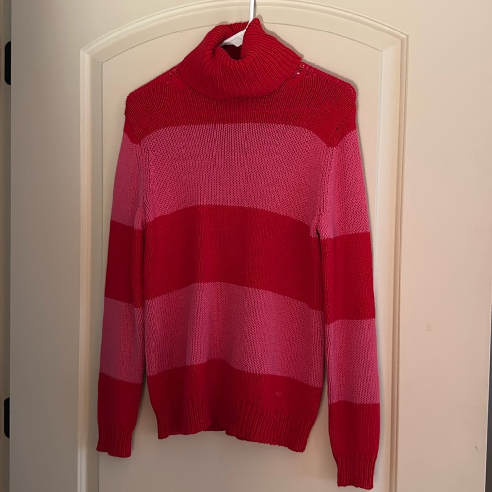 Isaac Mizrahi collaboration with Target. Red and pink striped turtleneck sweater